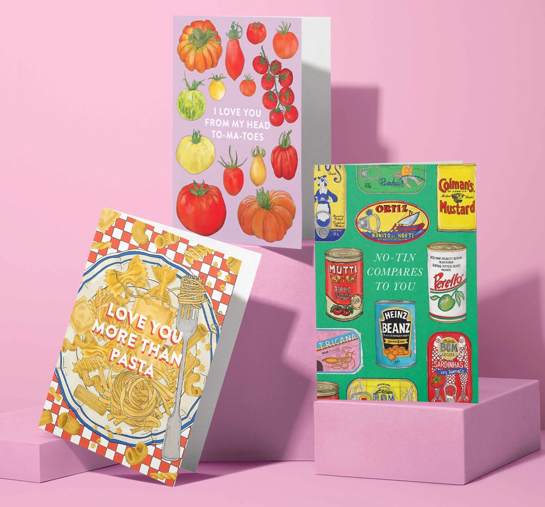 Culinary-inspired hand-drawn illustrations and paper goods: Three colourful greeting cards featuring playful food designs. Perfect for foodie friends, these vibrant cards showcase witty text and lively, hand-drawn illustrations. Ideal for sending cheerful, food art-themed messages that brighten any occasion.