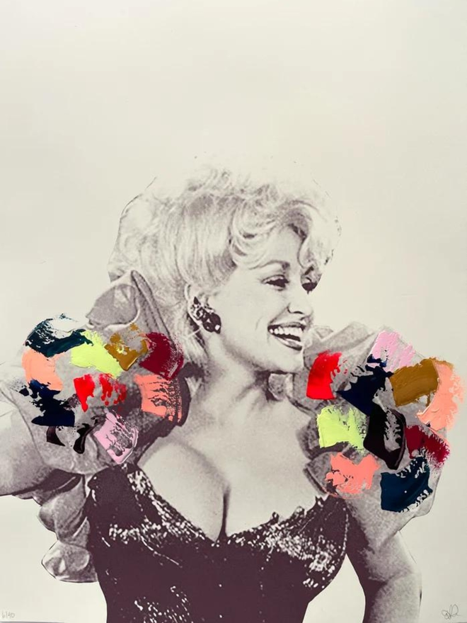 dolly parton screen print hand finished with paint