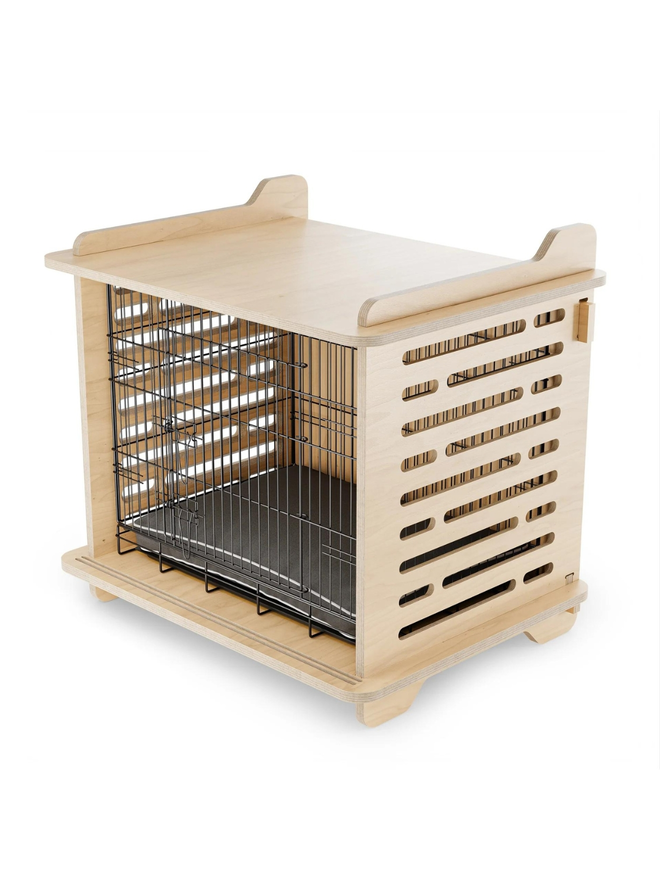 wooden dog crate side view with cushion and caged front