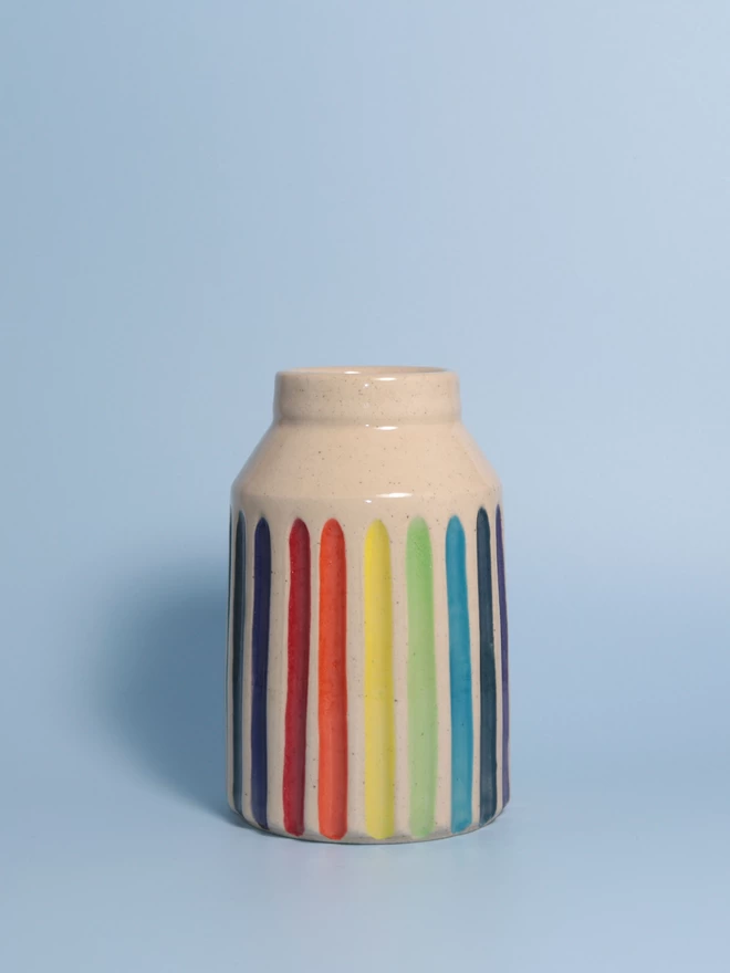 Rainbow striped pottery bud vase front view
