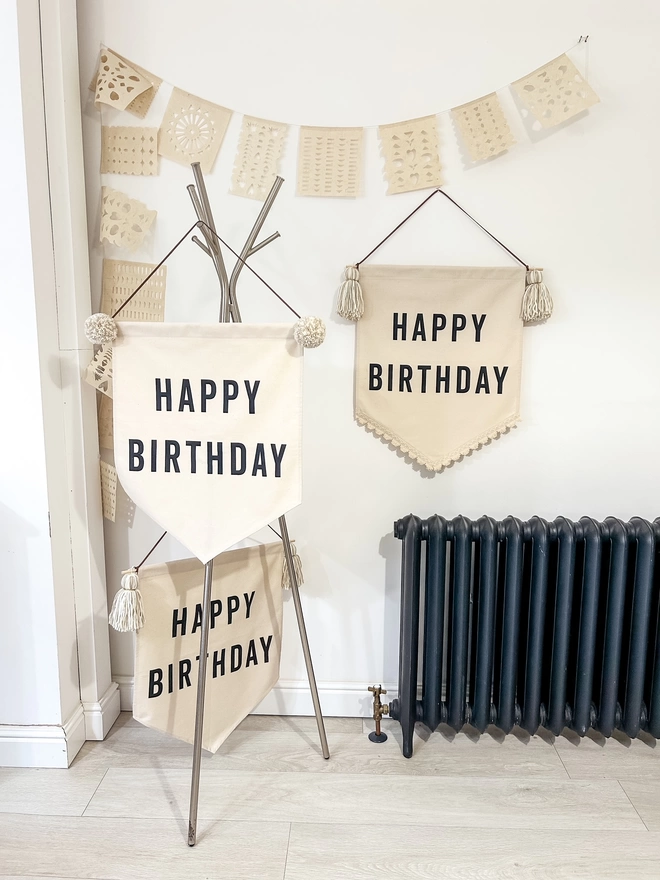 Neutral Canvas Happy Birthday Banners with Natural Beige, Pom Poms and Tassels