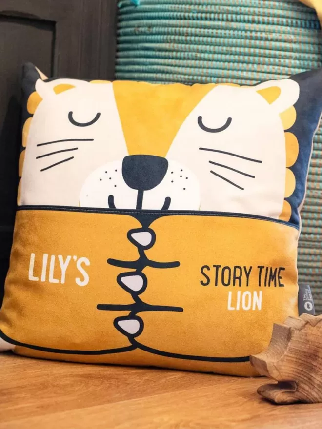 Personalised Story Time Lion Cushion With Pocket