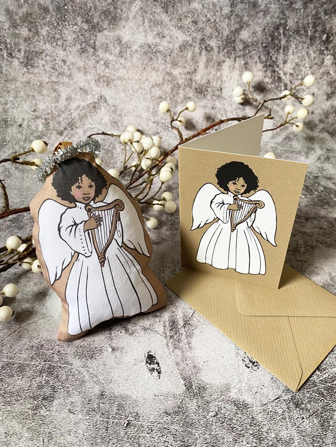 afro Caribbean angel decoration and matching greeting card