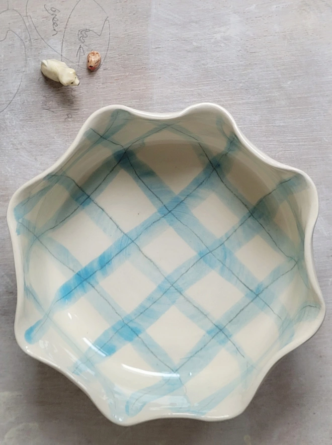 picture from above showing the inside of a fluted rimmed ceramic dog bowl with a blue gingham check inside