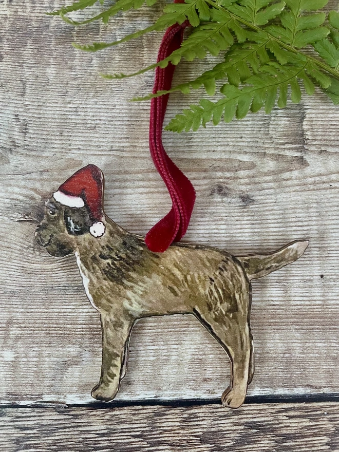 Border Terrier Christmas decoration with Santa hat and velvet ribbon