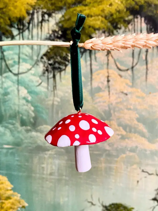 handmade ceramic red and white toadstool bauble 