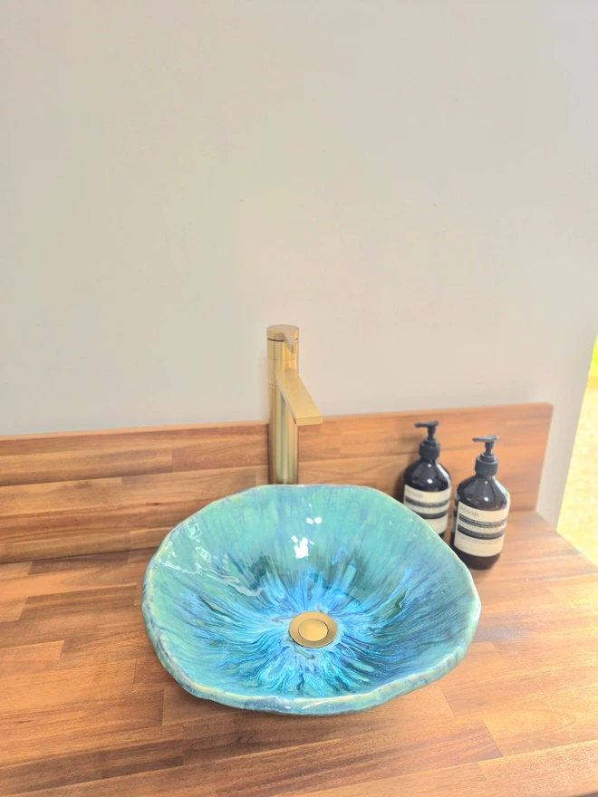 ceramic bathroom basin, bathroom sink, pottery basin, pottery sink, bathroom decor, bathroom furniture, blue, Jenny Hopps Pottery, Bespoke Basin, Handcrafted bathroom basin