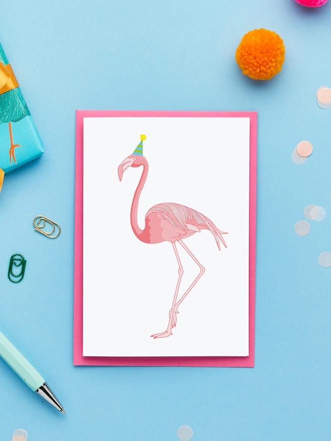 Flamingo Birthday Card and Pink Envelope