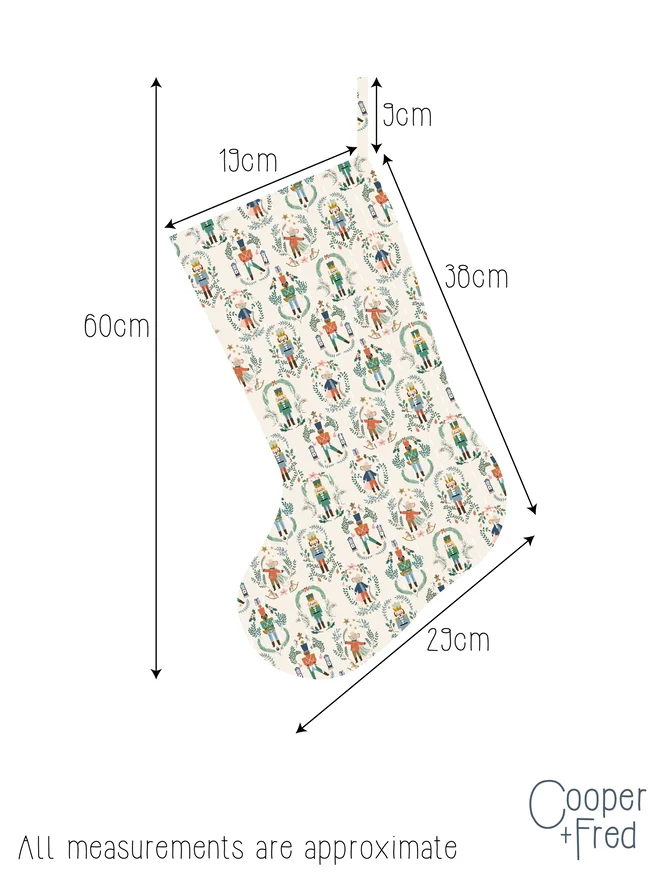 Cooper and Fred quilted Christmas stocking with measurements