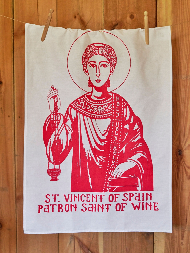 Embroidered patron saint of wine tea towel