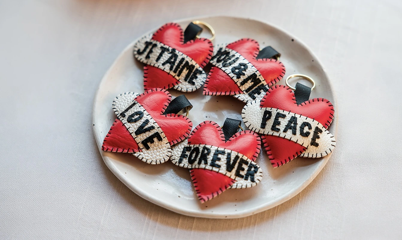 Personalised red heart love themed leather keyring