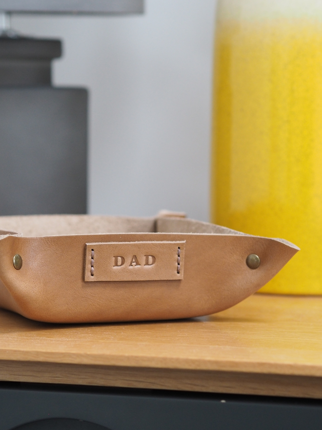 Handmade Leather Coin Tray For Dad - Tan Brown