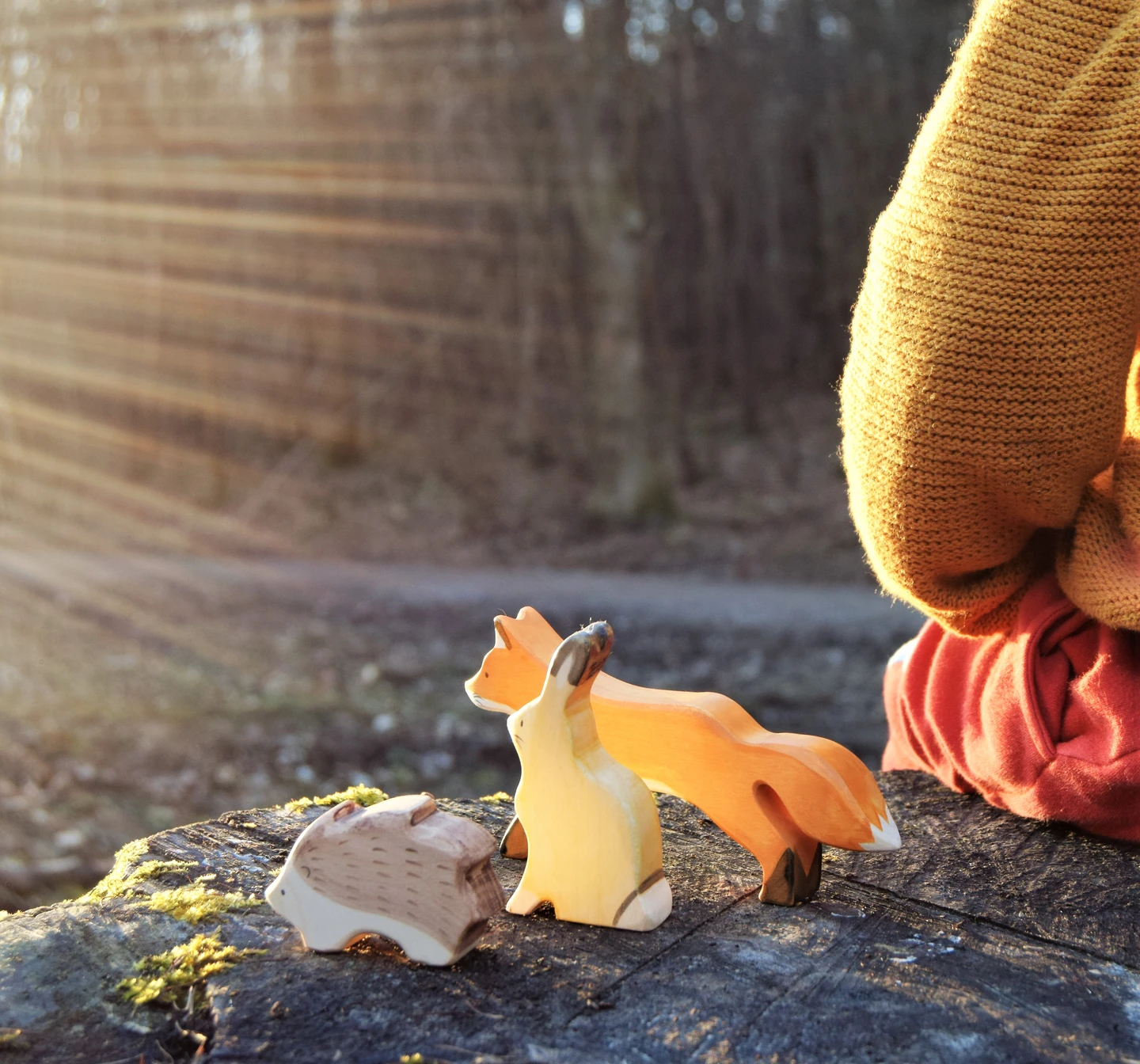 young child sat on a  log with his favourite wooden toy animals