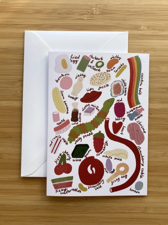 Greetings card with illustrations of pick n mix sweets