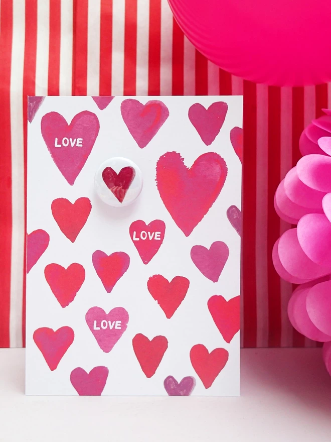 Love heart greeting card with pin badge