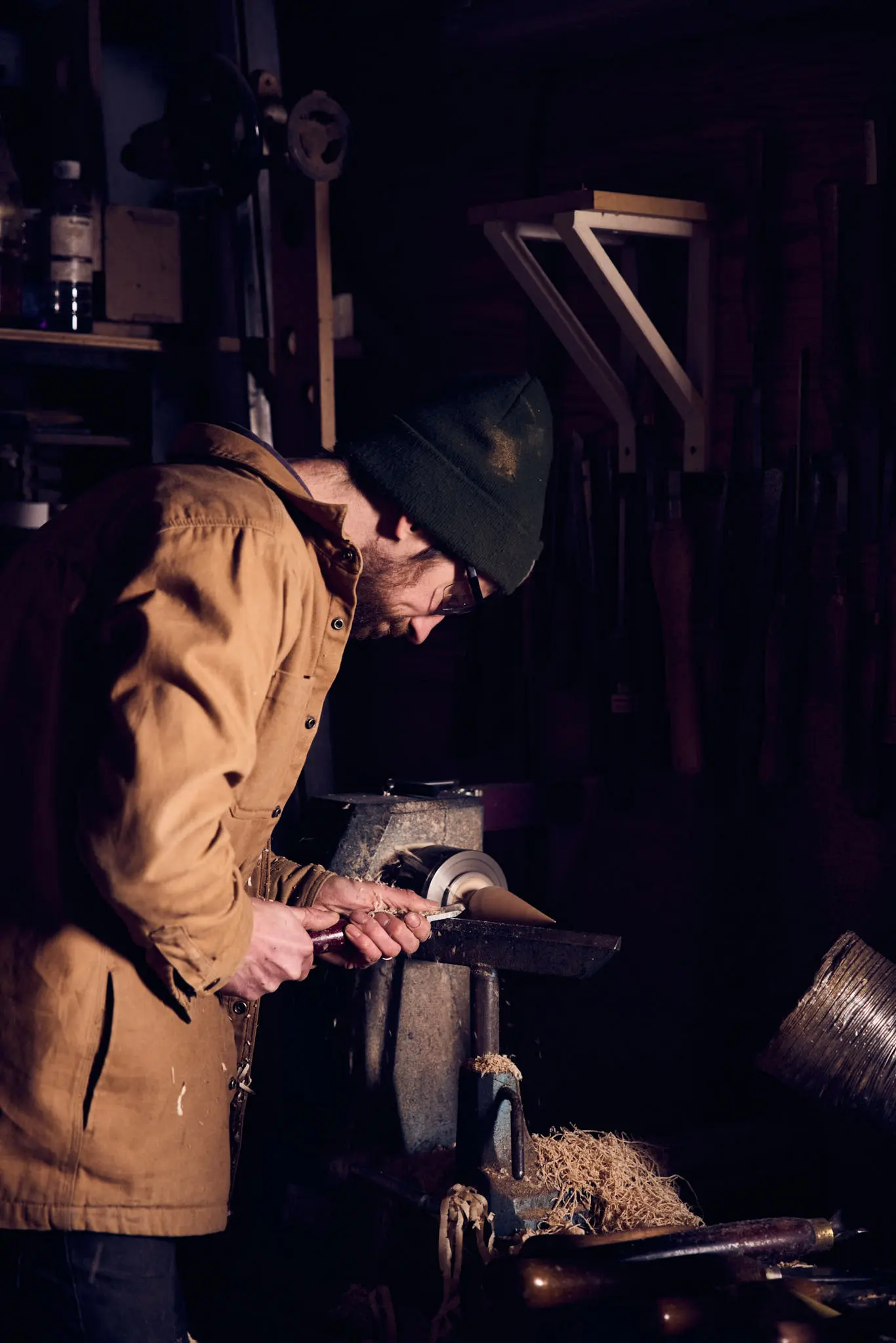 Founder-maker Josh Kennard working at the lathe in his Sussex workshop