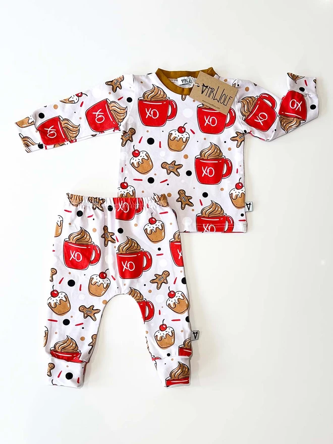 Baby and toddler lounge set in a festive Christmas hot cocoa print