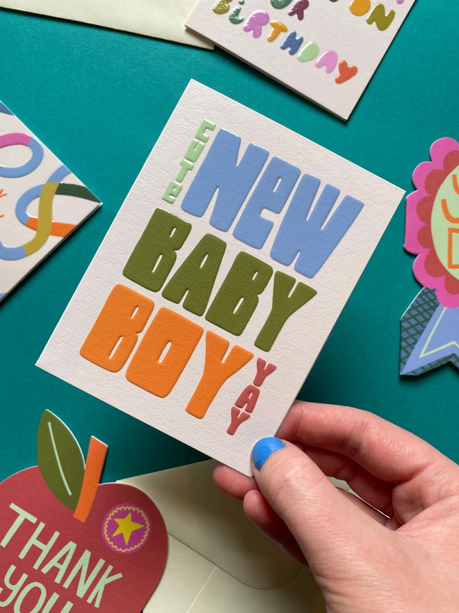 Cute Mini New Baby Boy Card Colourful Chunky Lettering | Raspberry Blossom