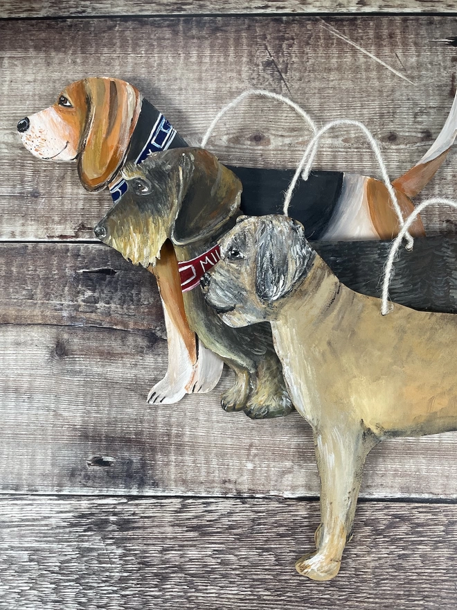 Dog portraits of a hanging Beagle, Wire Haired Dachshuns and Border Terrier 