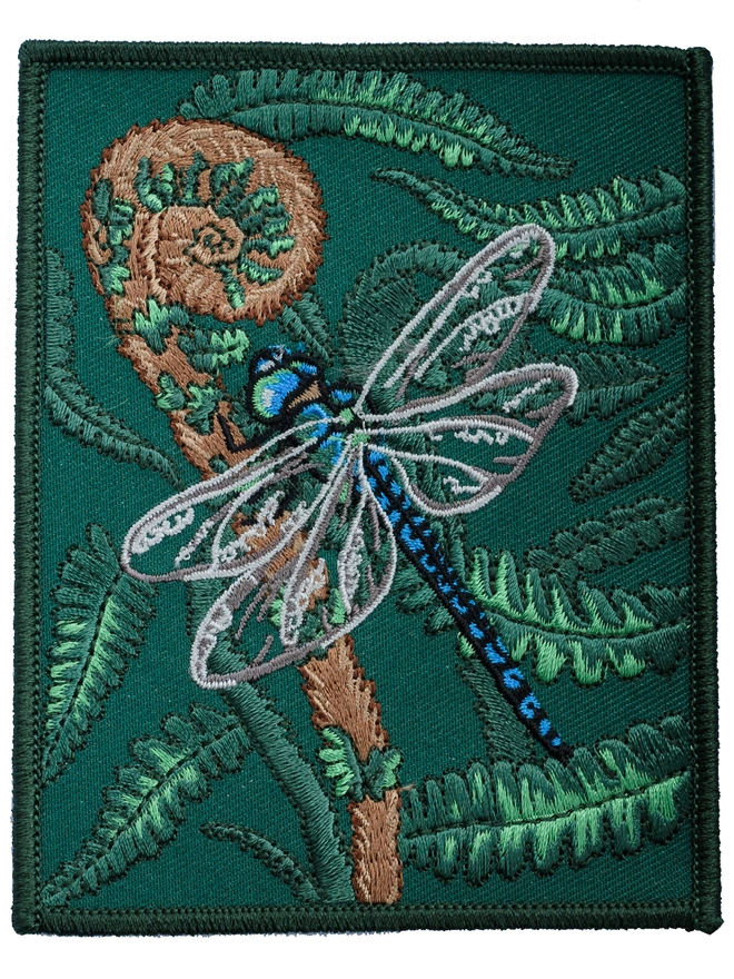 embroidered patch, embroidered card, dragonfly, fern, nature lover
