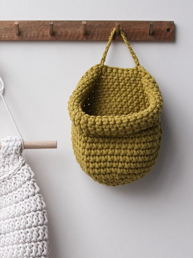 golden kiwi hand crocheted hanging basket