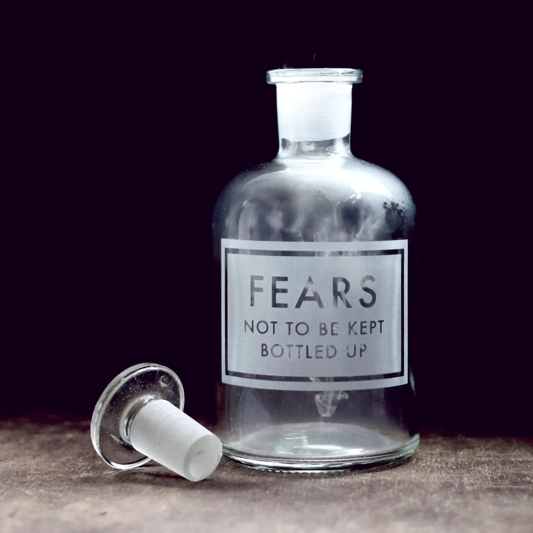 Vinegar & Brown Paper apothecary bottle that says 'fears'