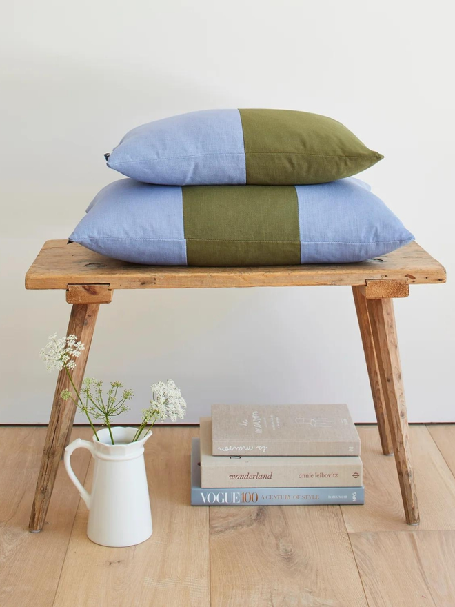 Colour Block Linen Cushion – Denim/Jungle