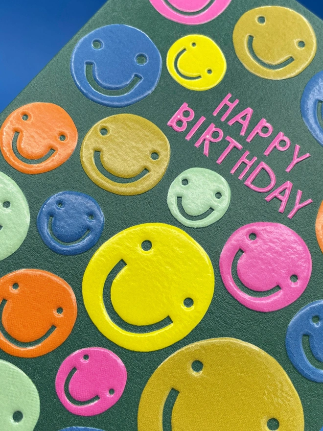 Mini Happy Birthday Card Colourful Smiley Face Pattern Detail | Raspberry Blossom