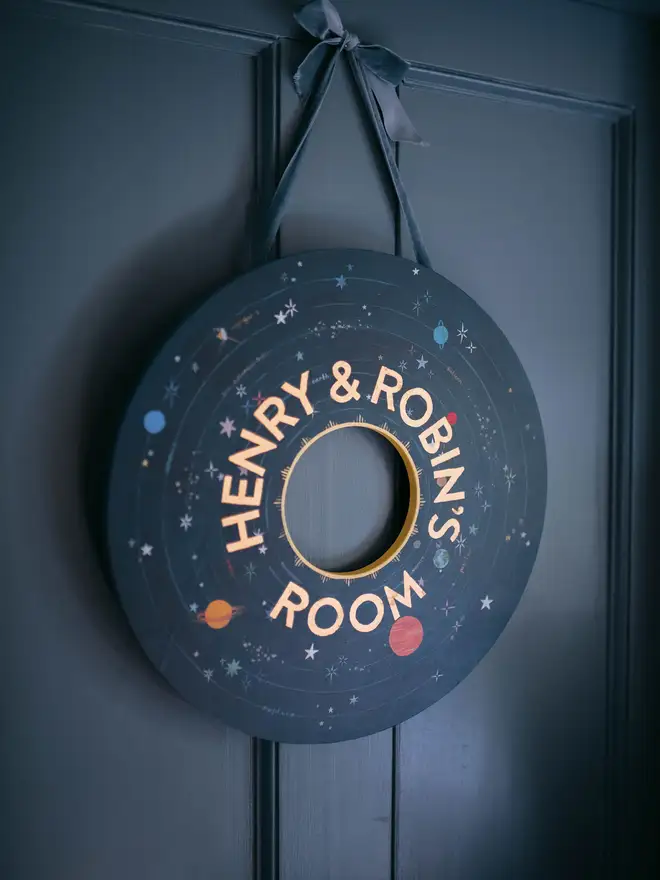 Solar system name plate door hanging in dark blue