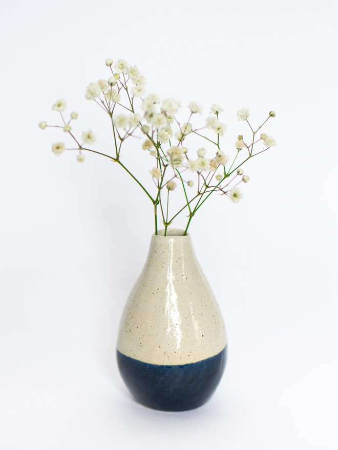 handmade ceramic white and blue bud vase