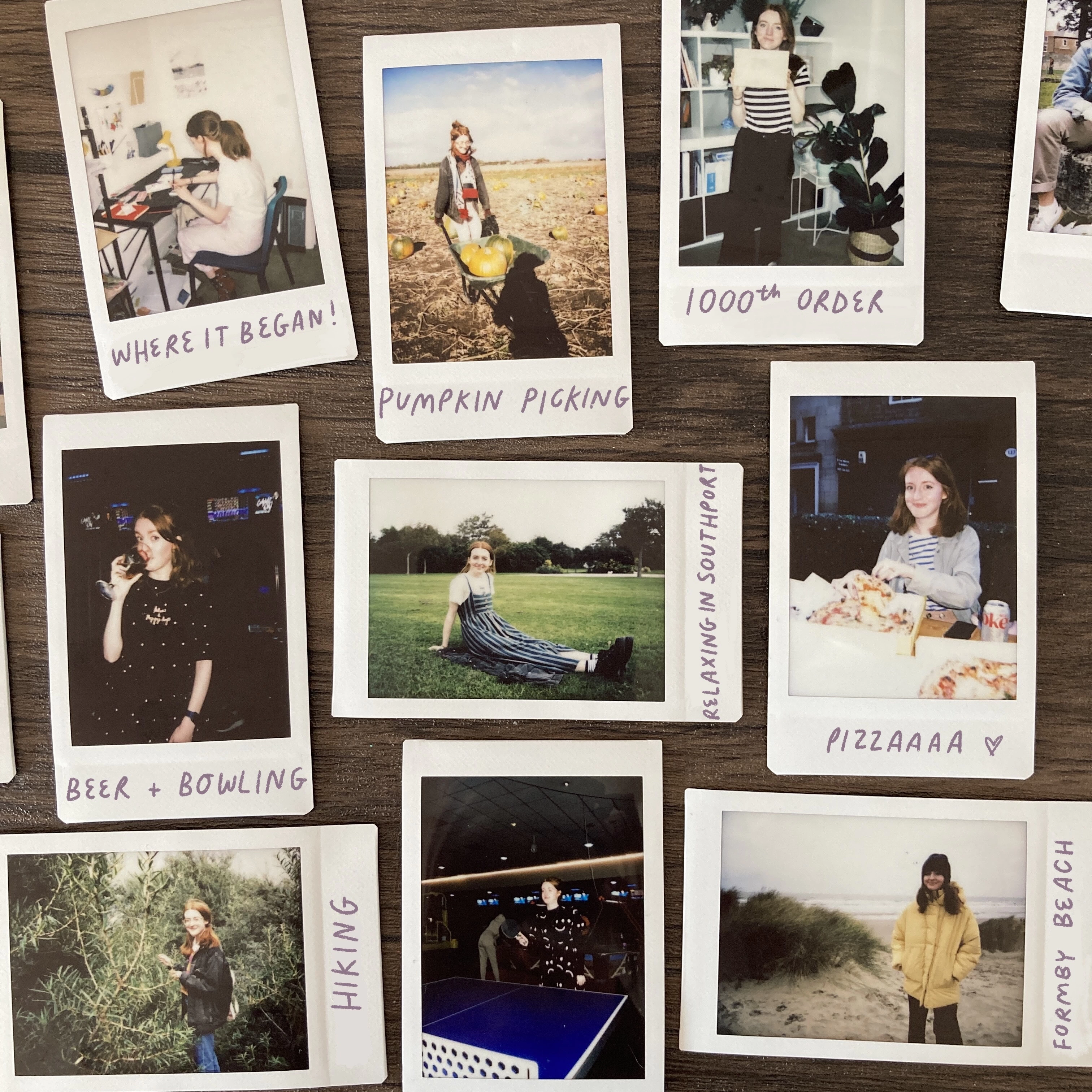 Collection of  polaroid images of Laura - including photos of my desk, pumpkin picking, ginger woman eating a pizza, going for a hike. 
