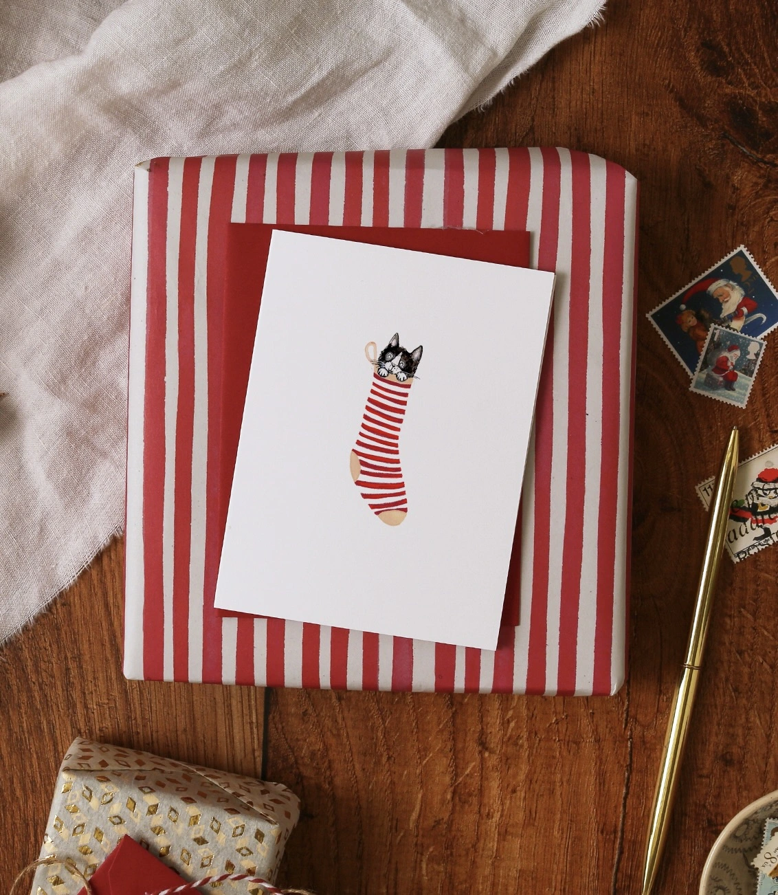 Christmas card cat in a stocking