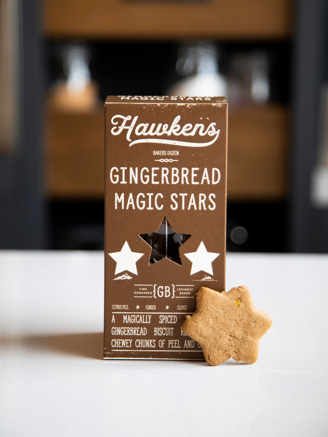 artisan gingerbread star biscuits with packaging