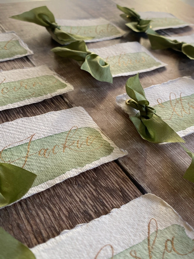 Watercolour wash green placecards