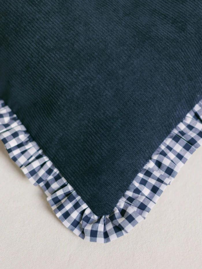 navy corduroy and gingham dog bed corner