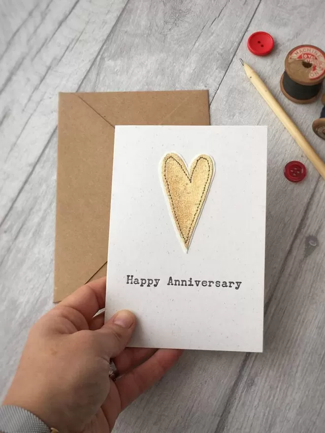 Embroidered Gold Fabric Anniversary Card