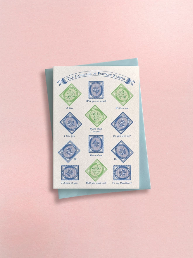Greeting card designed by Flora Fricker in Bristol, UK. The Language of postage stamps, illustrated vintage inspired card with floral stamps, victorian style.