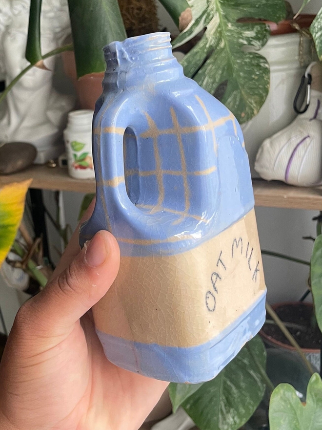 blue oat milk bottle ceramic vase