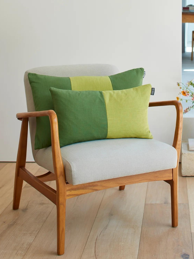 Colour Block Linen Cushion – Olive/Chartreuse