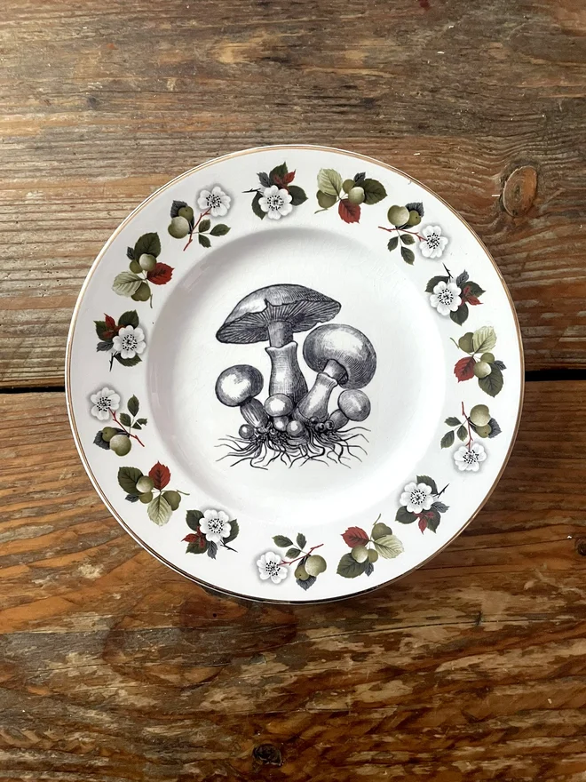 vintage plate with an ornate border, with a printed vintage illustration of mushrooms in the middle