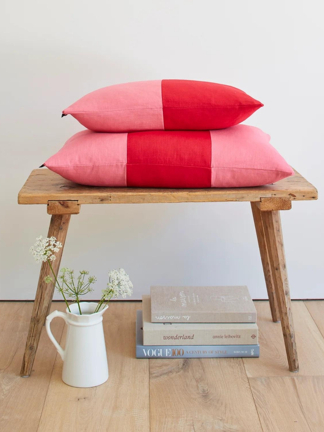 Colour Block Linen Cushion – Cherry/Rose