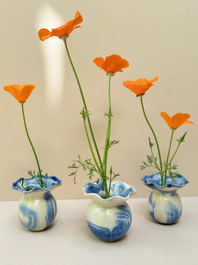 hand painted blue and white ceramic bud vases