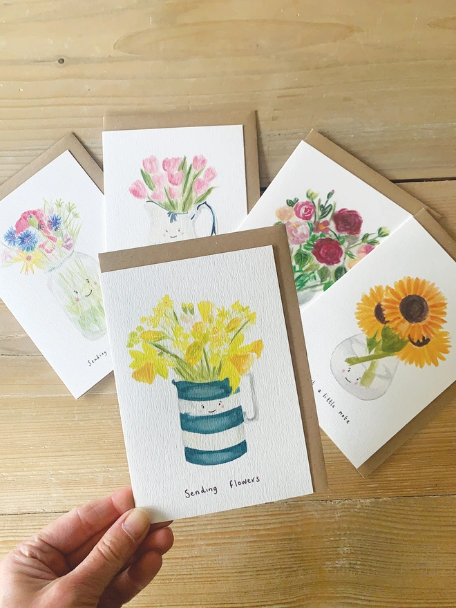 Selection of 5 Flower's in vases Greeting Cards 