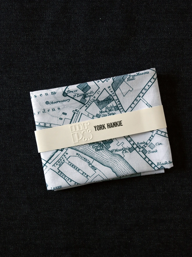 Mr.PS York Map Handkerchief folded and wrapped on a dark background