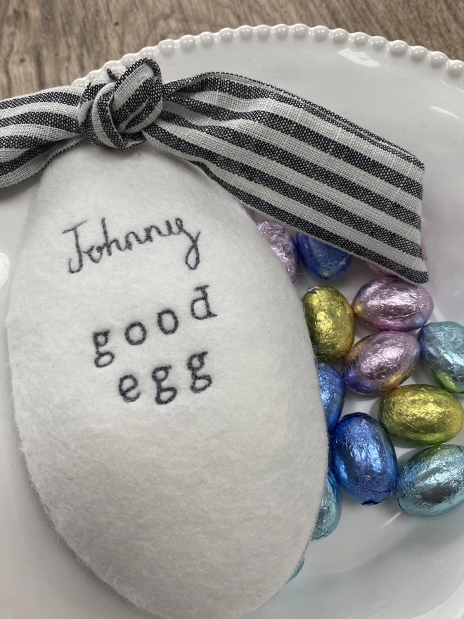 Embroidered Easter Egg Pouch embroidered with Johnnny Good Egg