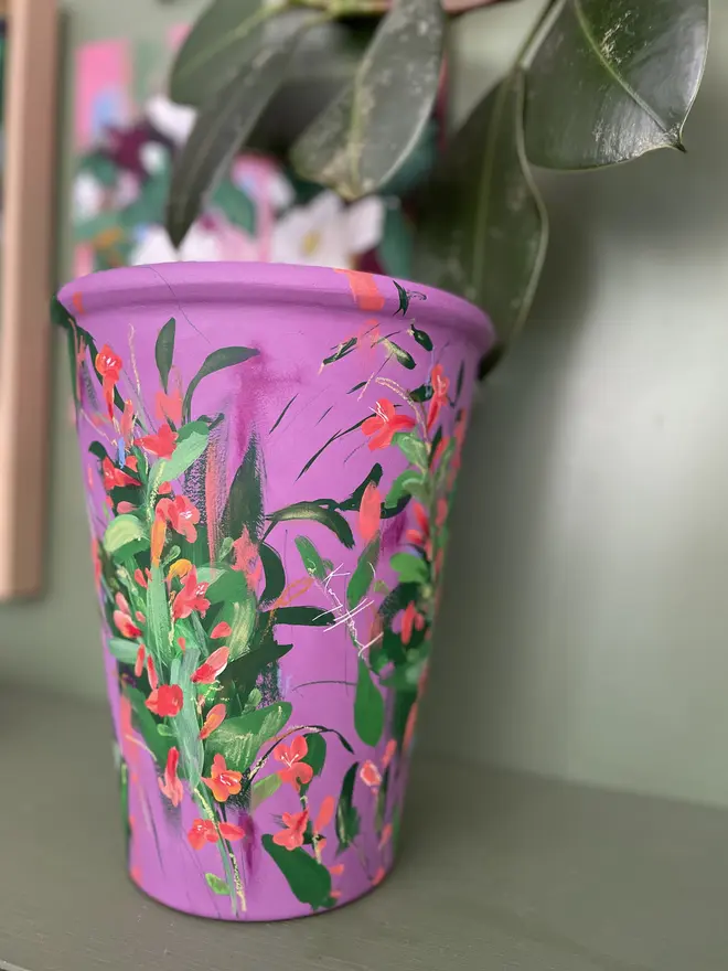 hand painted tall vibrant purple plant pot floral twizzle coral flowers deep greens and coral 