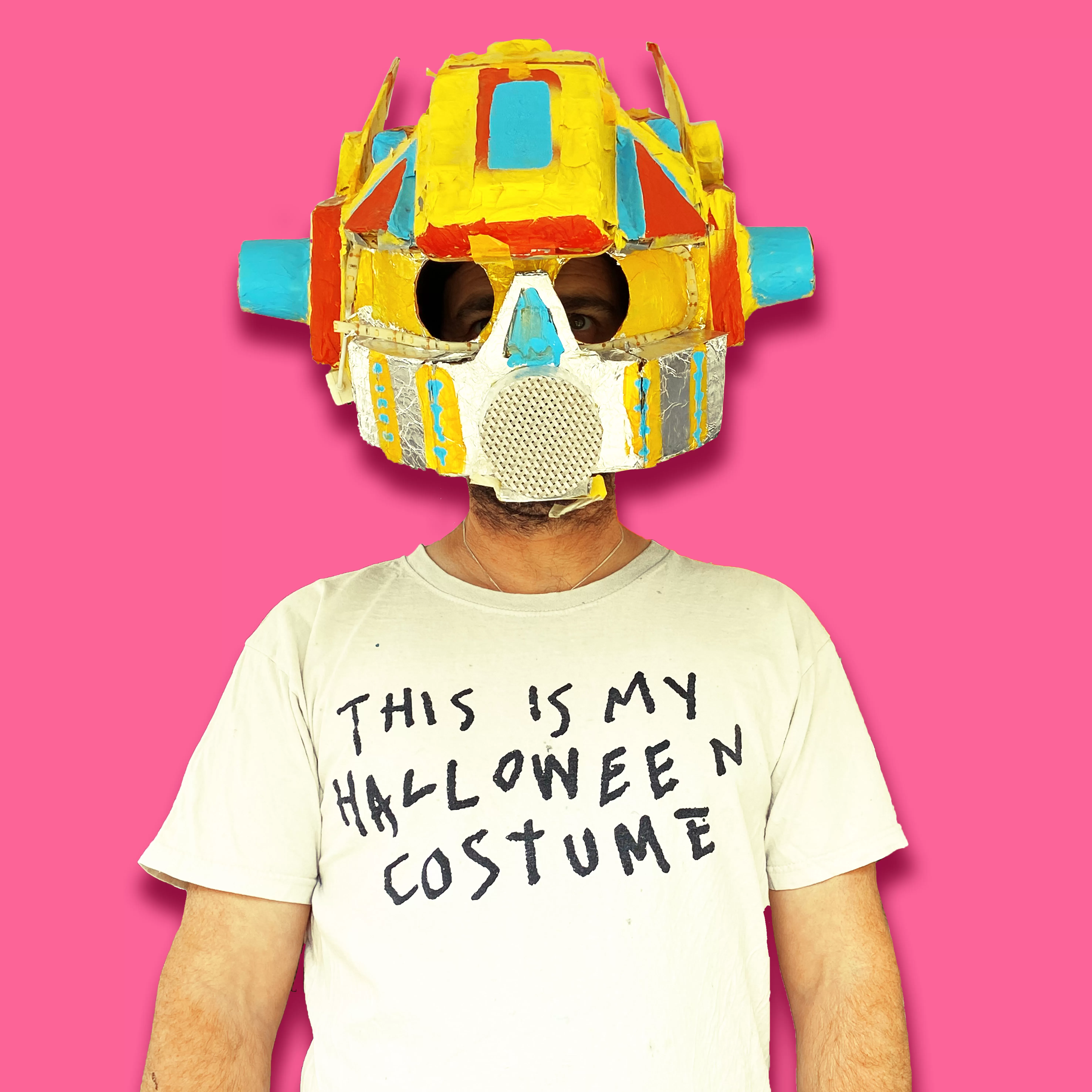 self portrait photograph with myself wearing a robot head and halloween outfit