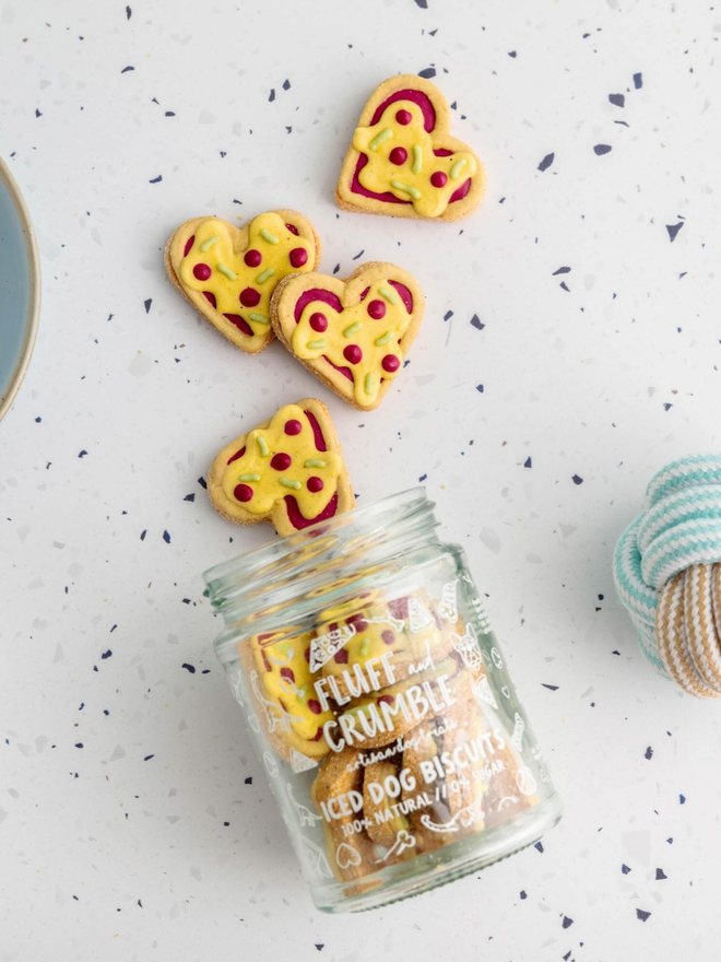 mini heart shaped pizza slice iced dog biscuits with jar
