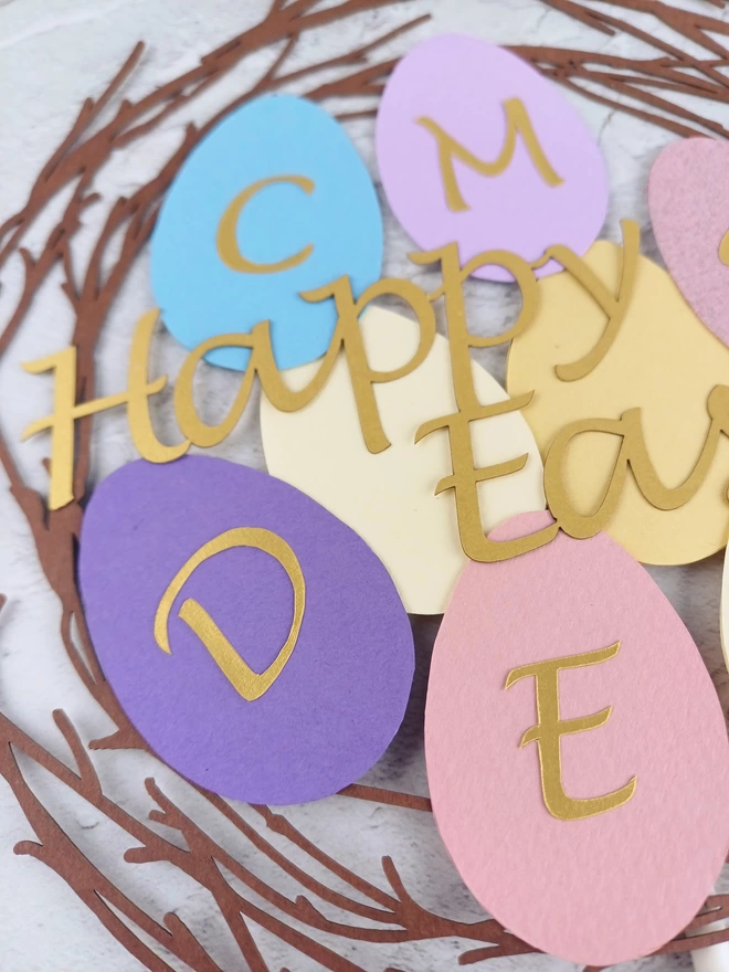 Closeup of Happy Easter gold wording which runs across the centre of the cake topper