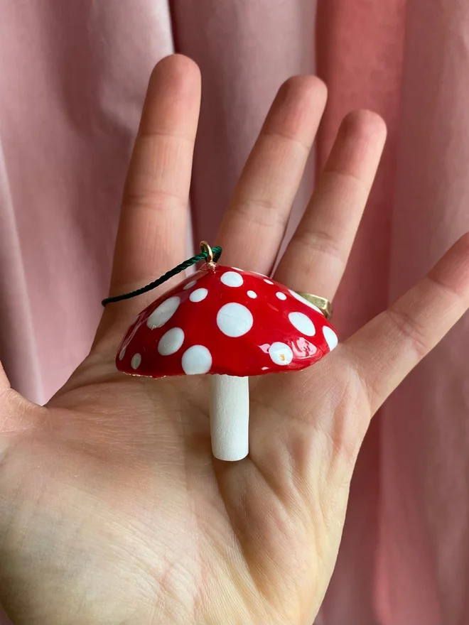 handmade ceramic red and white toadstool bauble 